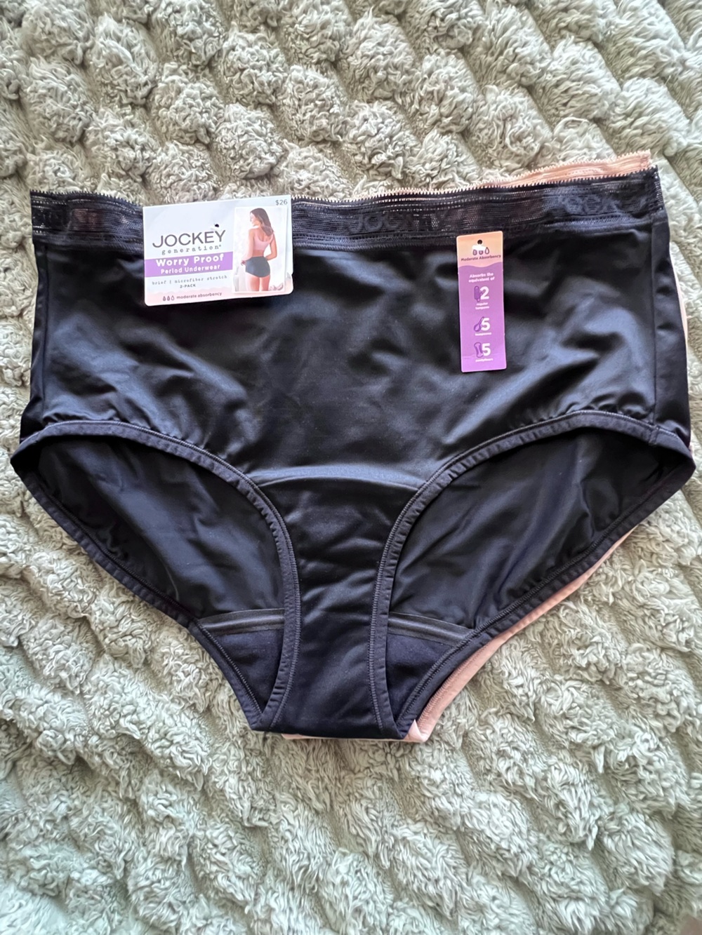 Jockey Gen Worry Proof Period Brief 2-Pack Black- Beige XL moderate absorbency